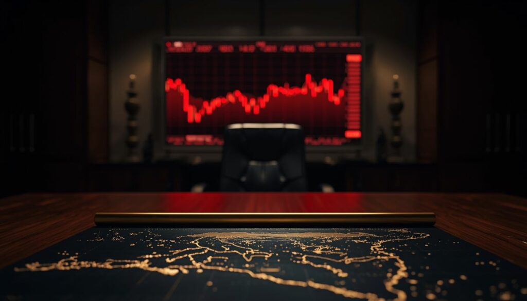 Gráfico financiero en rojo y mapa de Groenlandia simbolizando los aranceles de Trump.