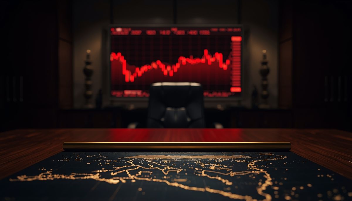 Gráfico financiero en rojo y mapa de Groenlandia simbolizando los aranceles de Trump.