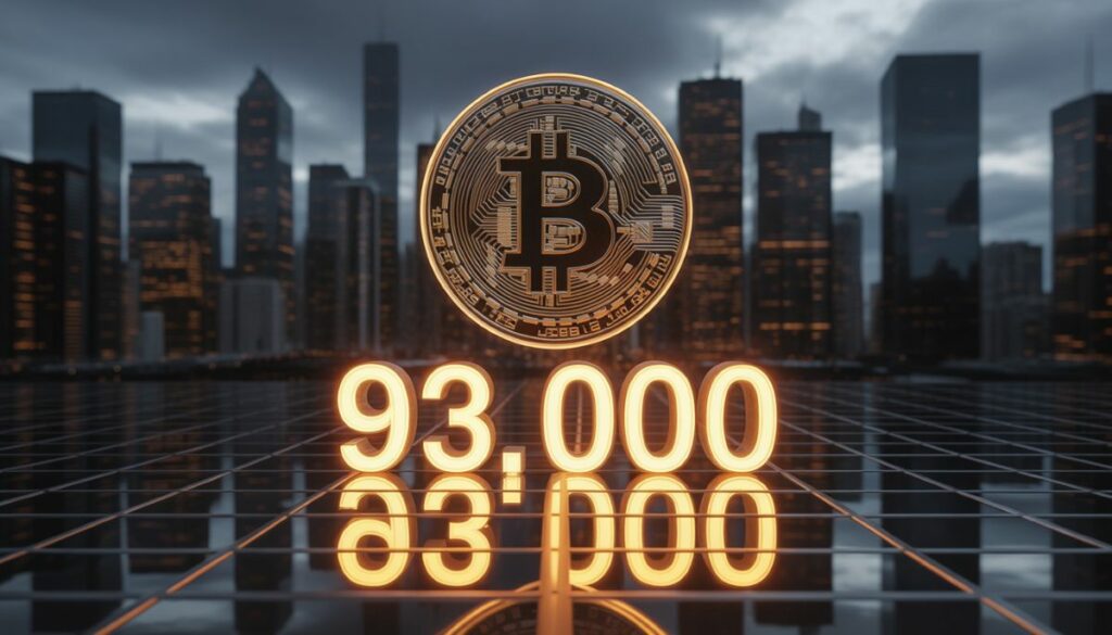 Bitcoin a 93.000 dólares sobre una ciudad futurista.