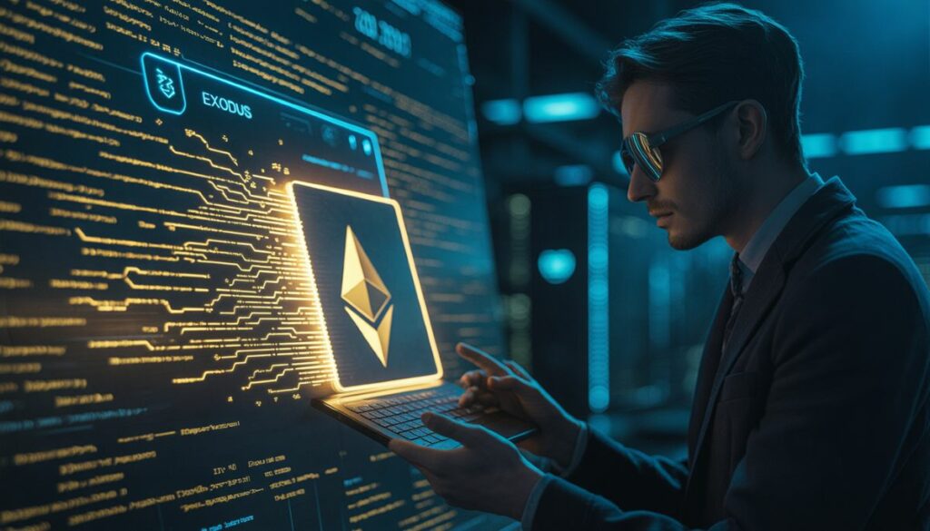 Hacker exponiendo una billetera de criptomonedas en una pantalla digital.