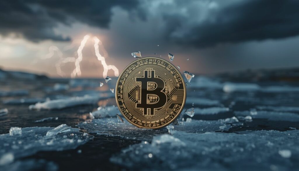 Bitcoin agrietado sobre hielo simbolizando la caída a 58.000 dólares.