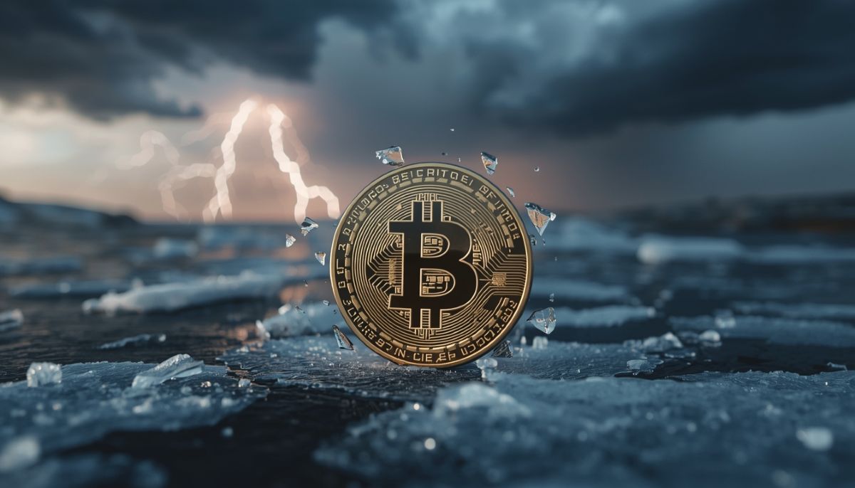 Bitcoin agrietado sobre hielo simbolizando la caída a 58.000 dólares.