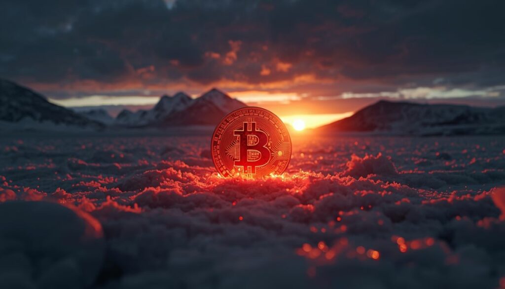 Bitcoin cayendo en un entorno nevado de Davos y Groenlandia.