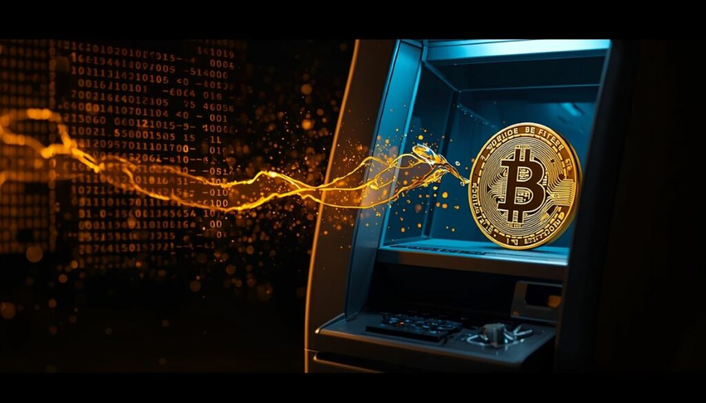 Comparación visual entre lingote de oro y Bitcoin en un cajero digital.