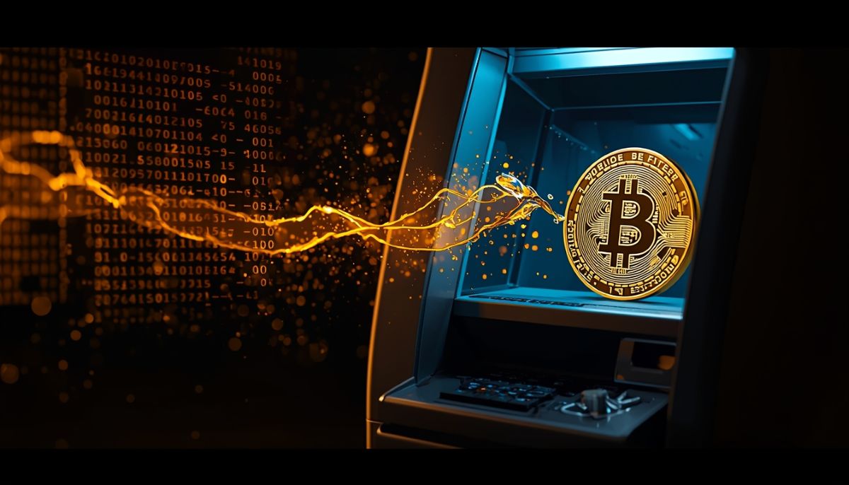 Comparación visual entre lingote de oro y Bitcoin en un cajero digital.
