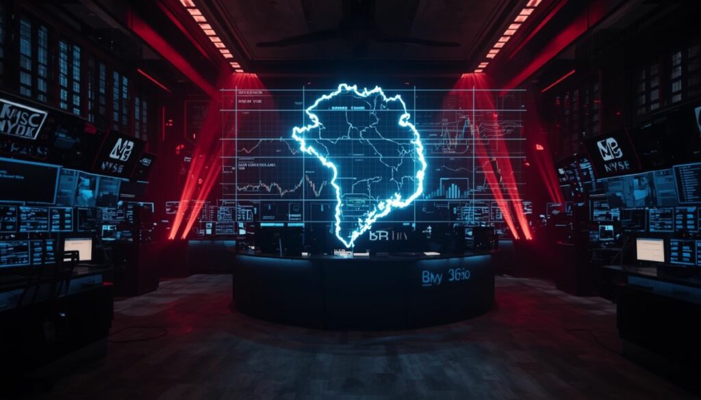 Pantallas de Wall Street en rojo con mapa de Groenlandia de fondo.