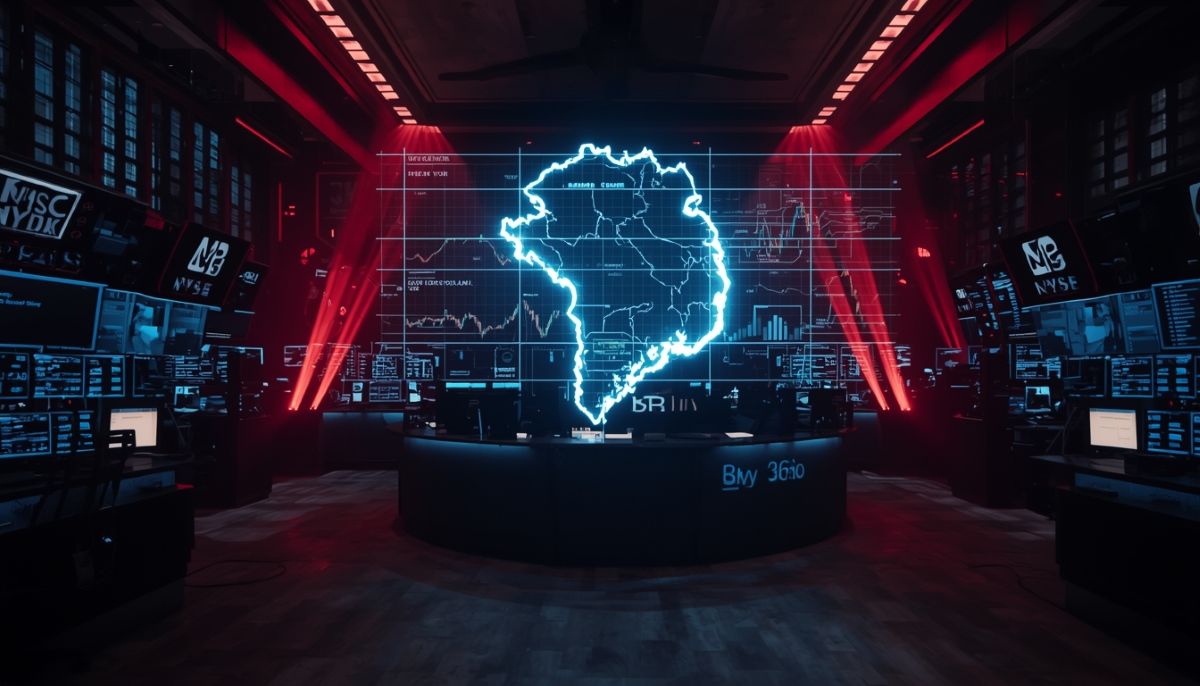 Pantallas de Wall Street en rojo con mapa de Groenlandia de fondo.