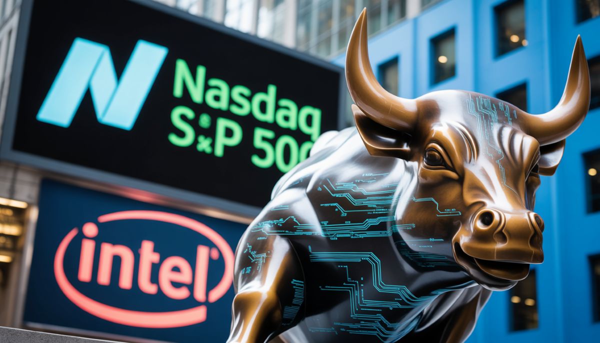 Gráficos de Wall Street con el Nasdaq en verde e Intel en rojo.