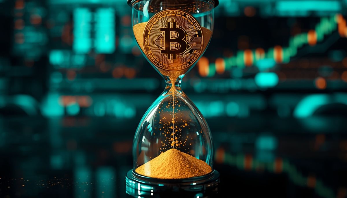 Bitcoin dentro de un reloj de arena simbolizando la ventana de 60 días.