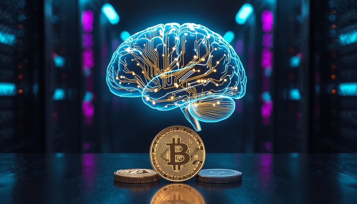 Cerebro digital integrado con criptomonedas y tecnología blockchain.