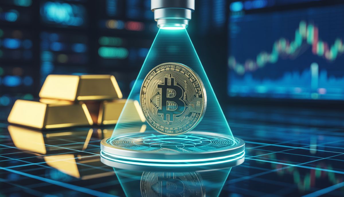 Moneda de Bitcoin bajo un escáner láser cuántico y lingotes de oro.