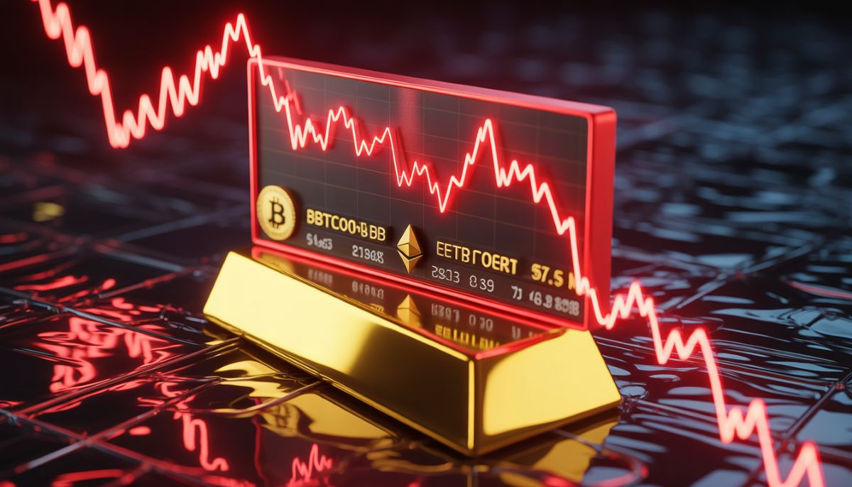Pantalla de precios de criptomonedas en rojo reflejada en un lingote de oro.