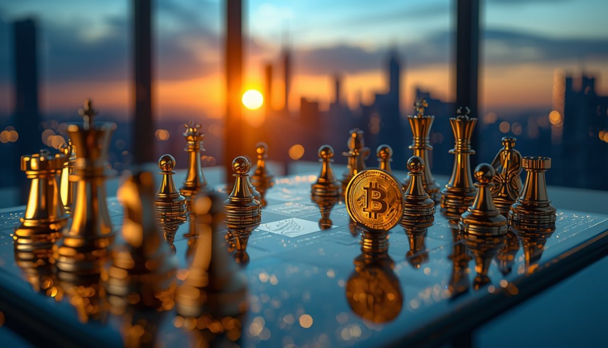 Tablero de ajedrez con símbolos financieros representando la rotación de activos.