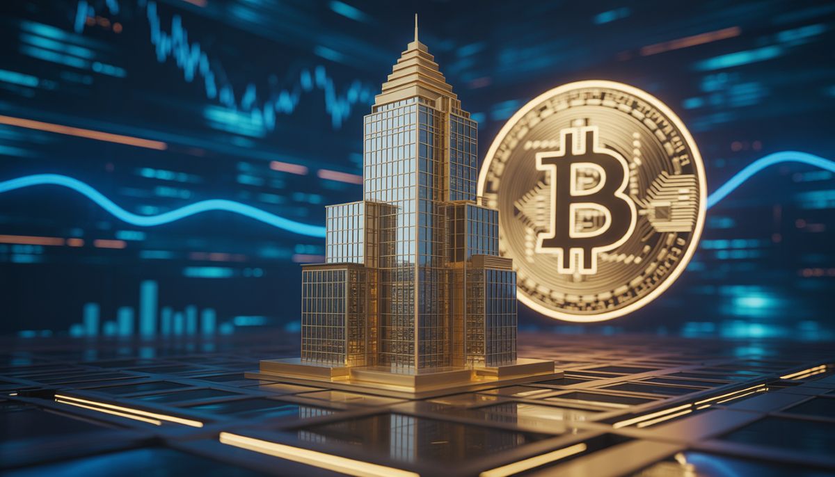 Fortaleza financiera de Strategy representada por un edificio digital y Bitcoin.