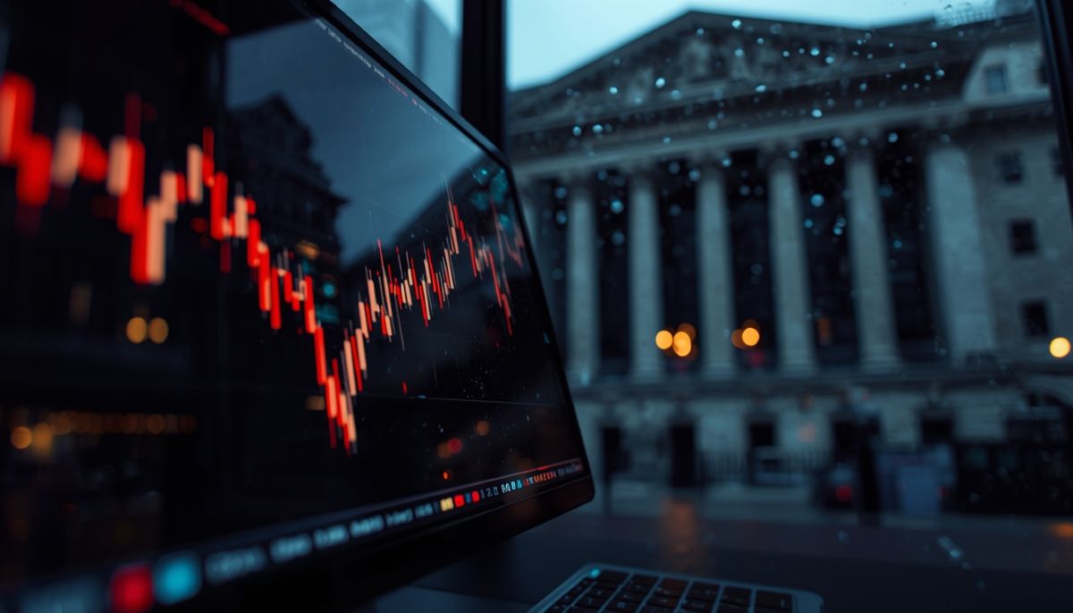 Gráficos financieros abstractos mostrando caída de mercado.