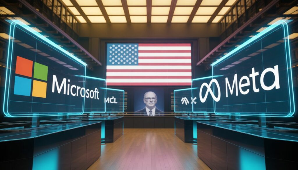 Pantallas de trading con logos de Apple y Microsoft frente a Wall Street.