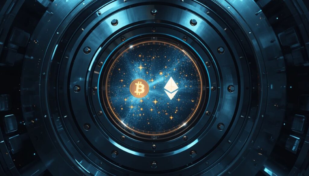 Bóveda futurista con criptomonedas holográficas.
