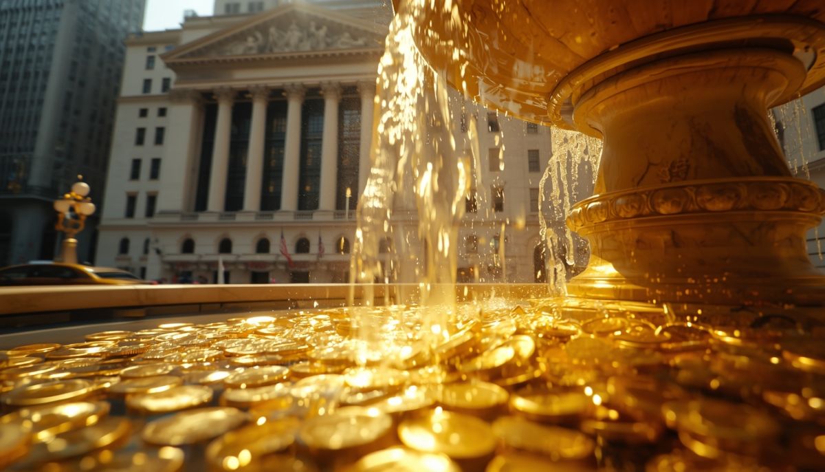 Fuente de monedas de oro frente a la bolsa de Nueva York representando dividendos.