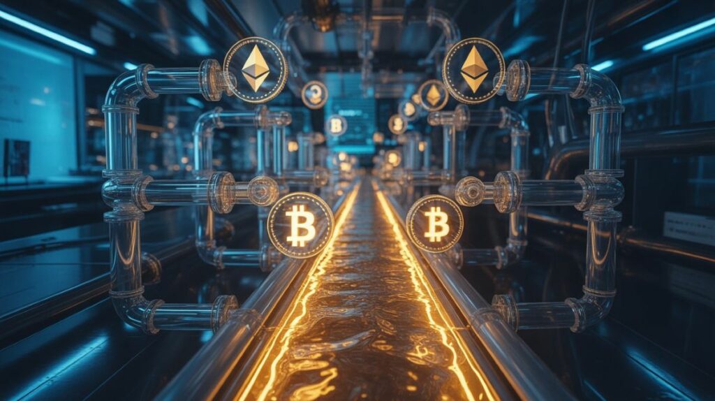 Representación visual de un protocolo de liquidez criptográfica descentralizado.