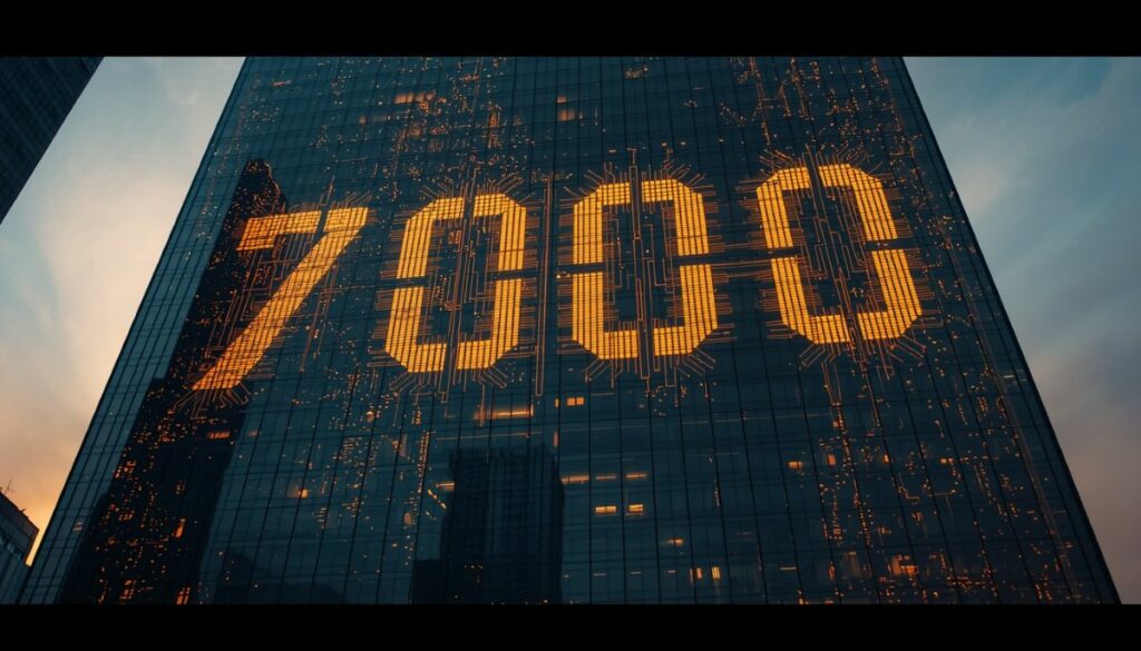 Rascacielos digital con el número 7000 reflejando la bolsa de Nueva York.