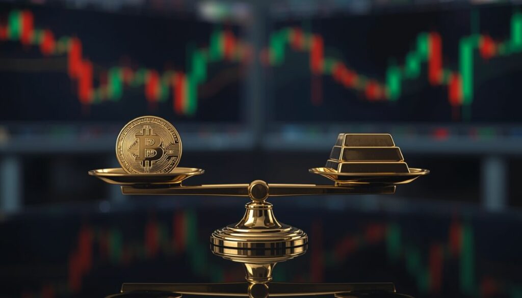 Balanza pesando Bitcoin y Oro sobre una mesa de cristal.