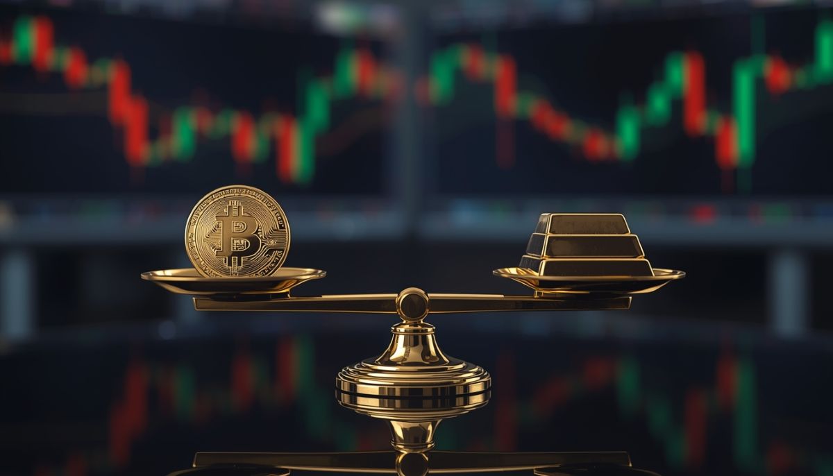 Balanza pesando Bitcoin y Oro sobre una mesa de cristal.
