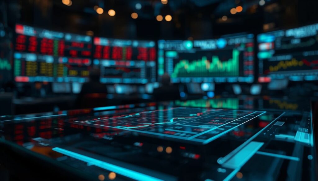 Pantallas de noticias financieras con gráficos de bolsa.