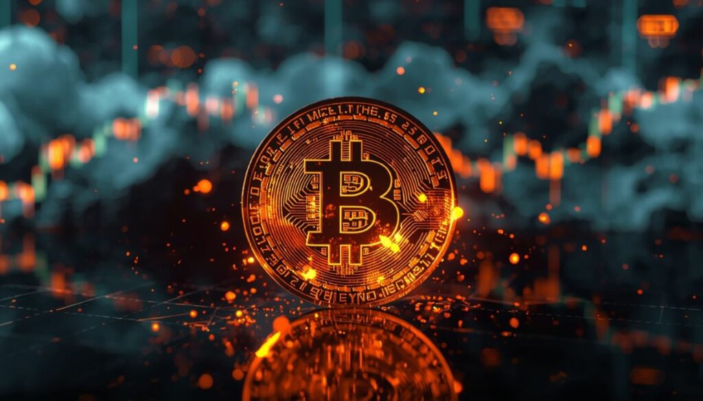 Gráfico del precio de Bitcoin con elementos del metaverso al fondo.