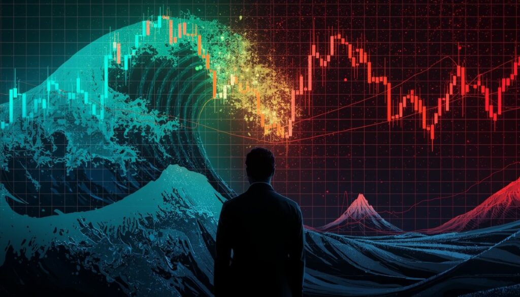 Silueta humana frente a una ola de gráficos financieros representando ciclos.