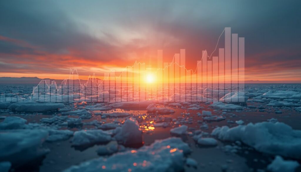 Amanecer en Groenlandia con gráfico bursátil alcista.