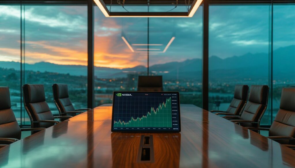 Oficina de junta directiva con gráfico de acciones de Nvidia.