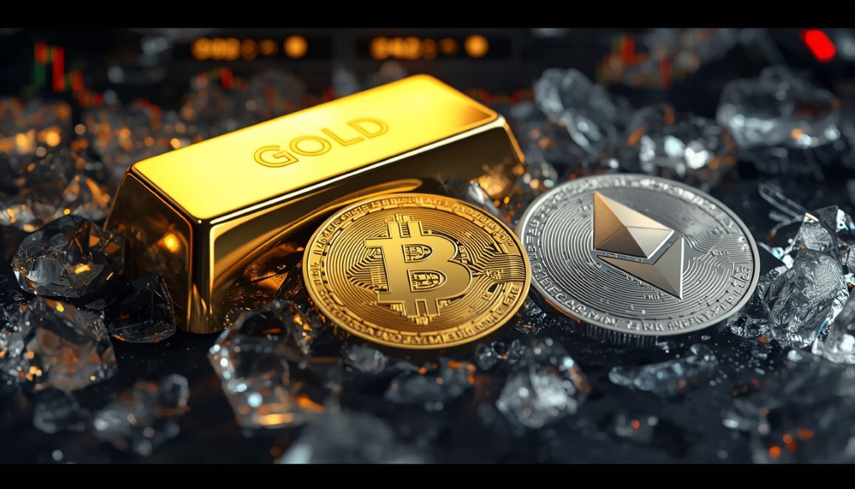 Lingotes de oro y plata brillando sobre criptomonedas estancadas.