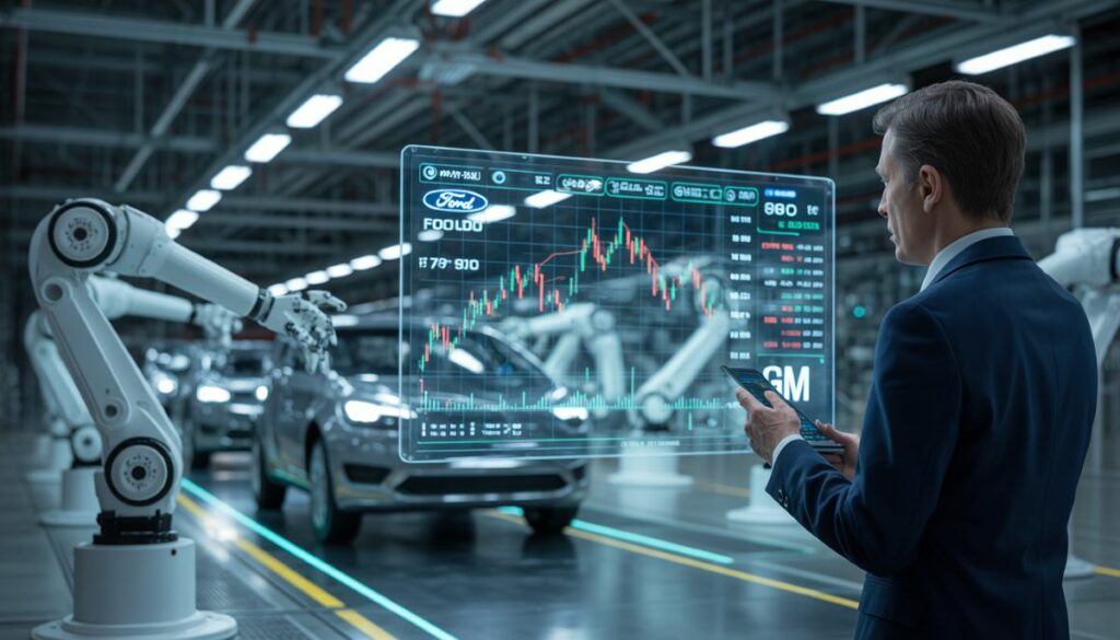 Cadena de montaje automotriz con gráficos financieros superpuestos.