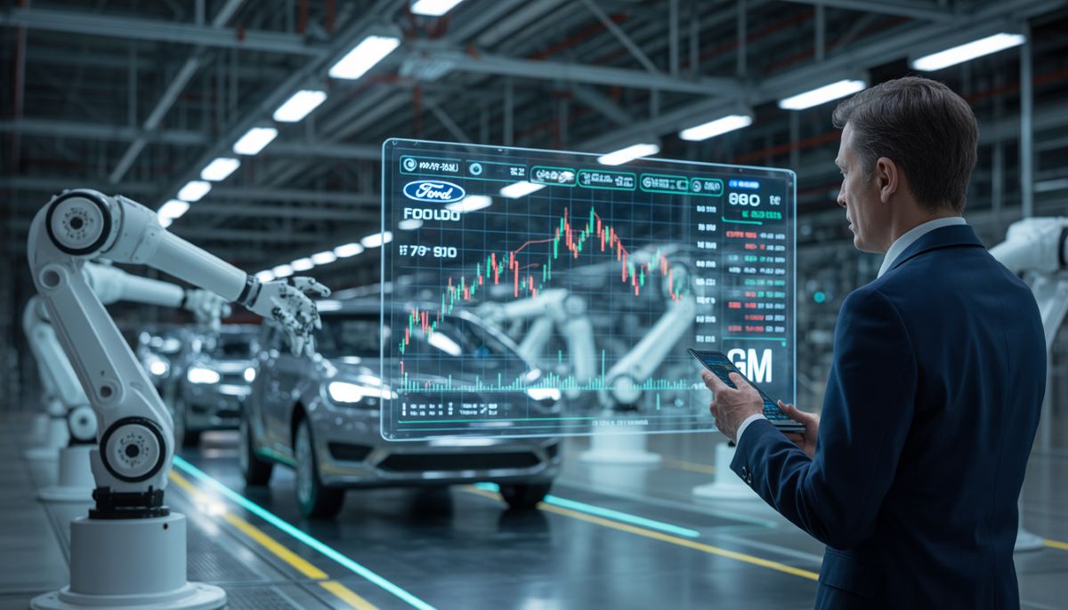 Cadena de montaje automotriz con gráficos financieros superpuestos.