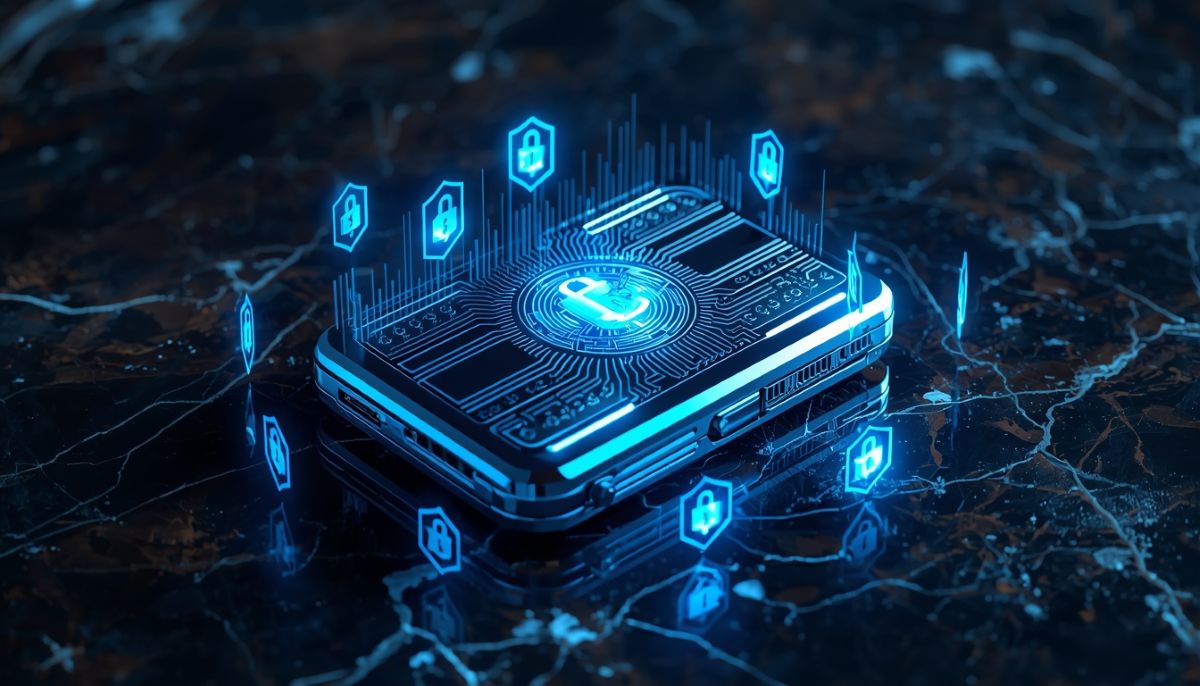 Billetera de criptomonedas con escudos de seguridad holográficos.