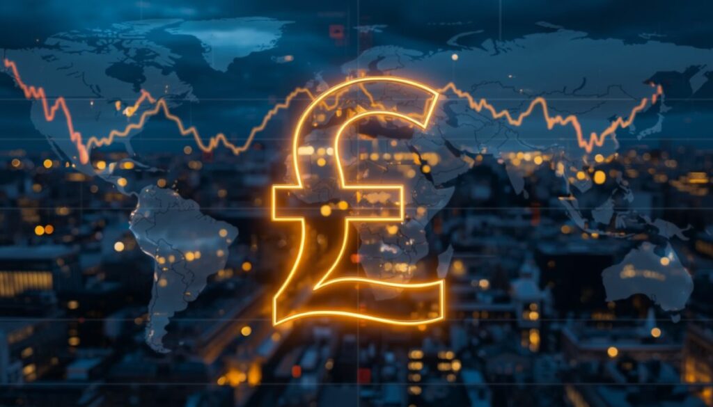 Símbolo de la libra esterlina brillando sobre fondo financiero de Londres.