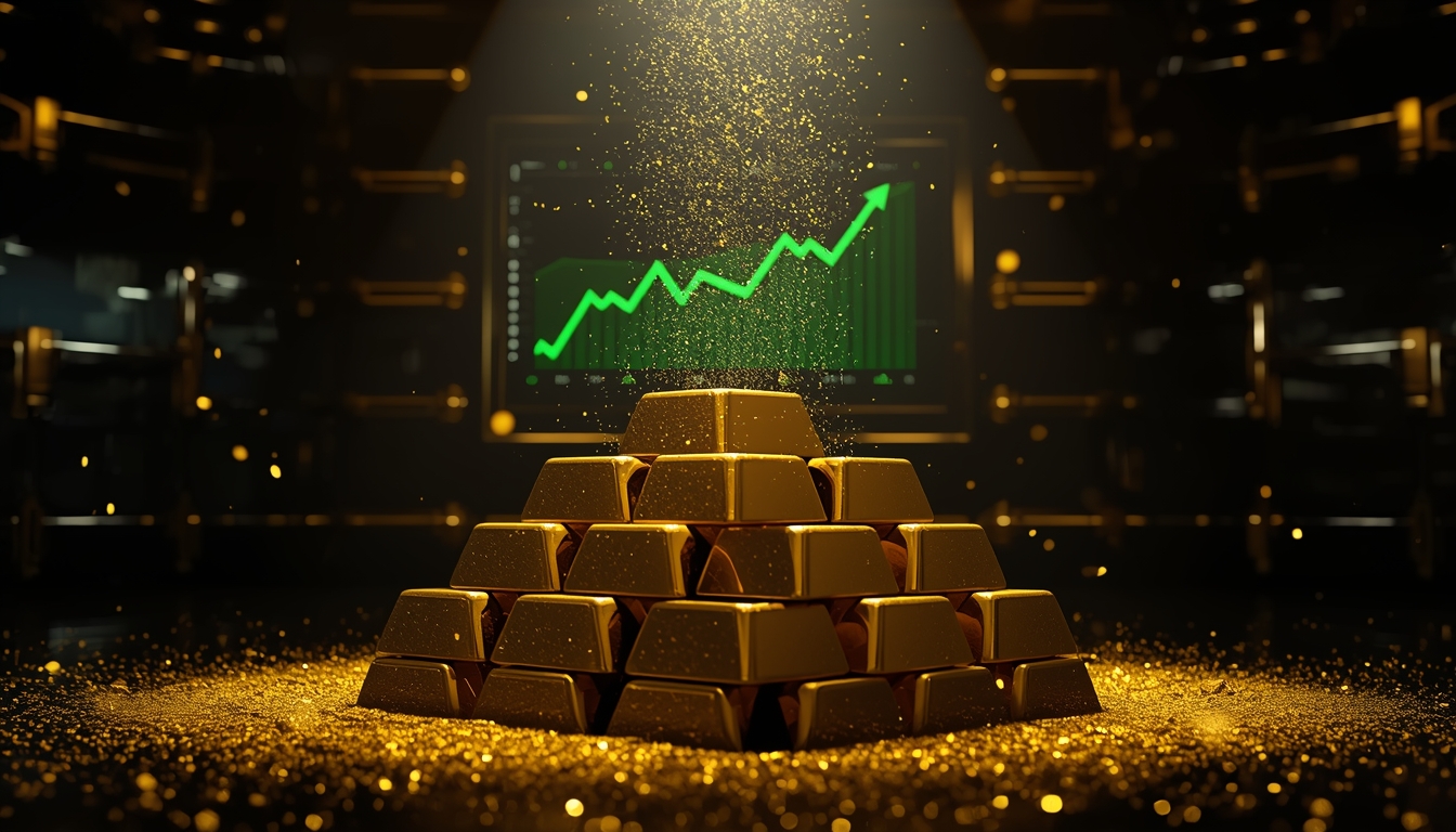 Lingotes de oro en cámara acorazada con gráfica alcista al fondo.