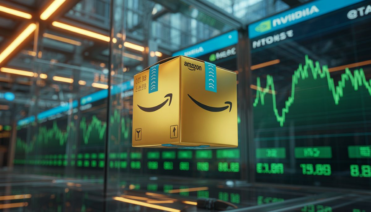 Gráfico de recuperación de las acciones de Amazon y logos de Nvidia y Meta.