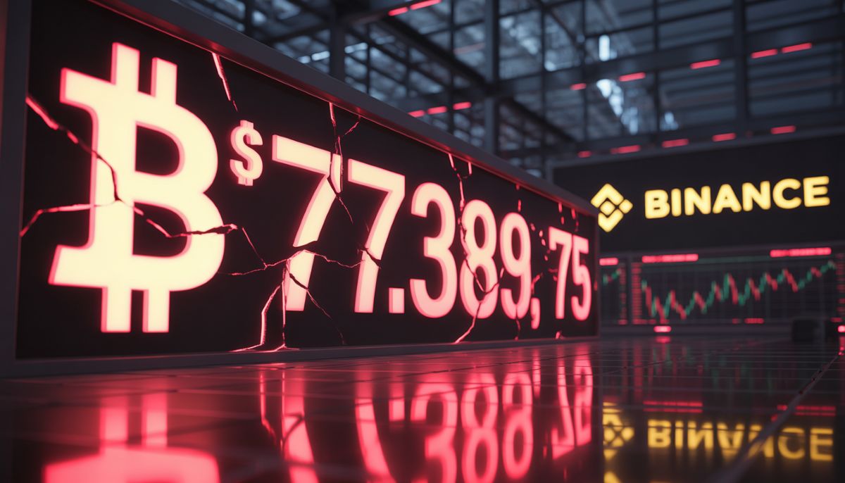 Gráfico del desplome de Bitcoin y logo de Binance.