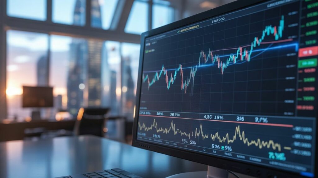 Gráfico del oscilador estocástico con niveles de sobrecompra y sobreventa en bolsa.