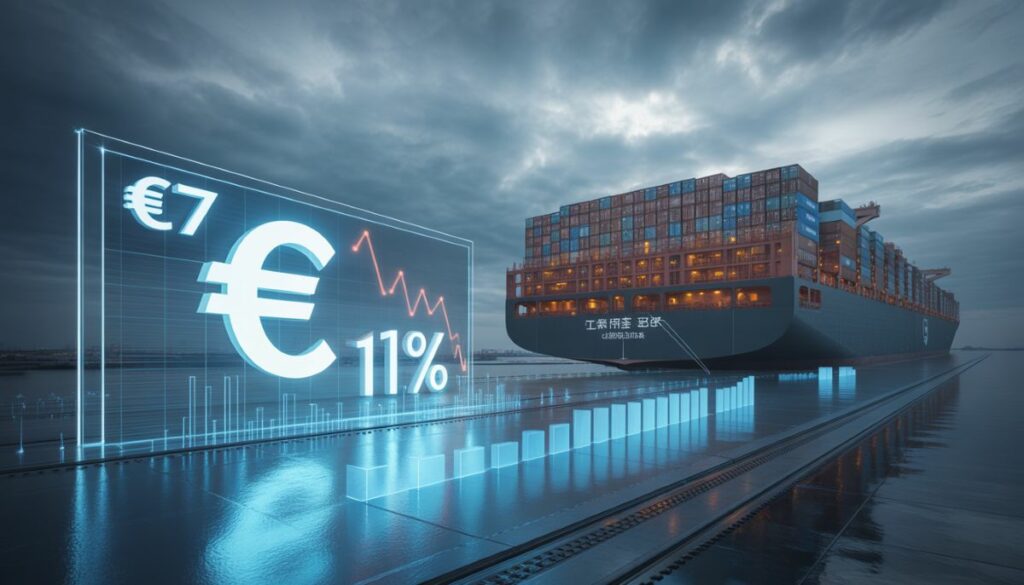 Barco de carga chino llegando a Europa y gráfico de caída de la inflación zona euro.