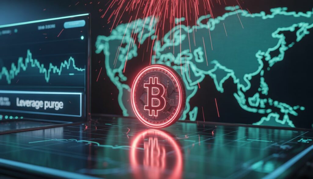 Bitcoin cayendo a $67.766 tras purga de apalancamiento en viernes.