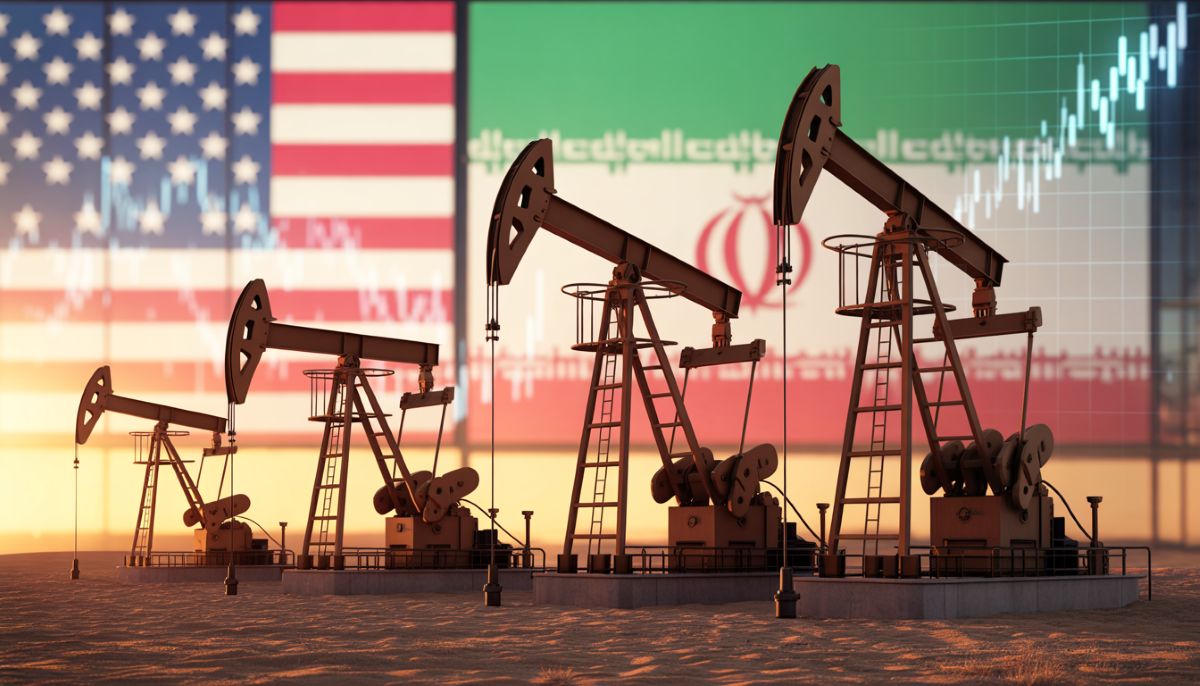 Bombas de petróleo en el desierto con gráfico de precios alcista.