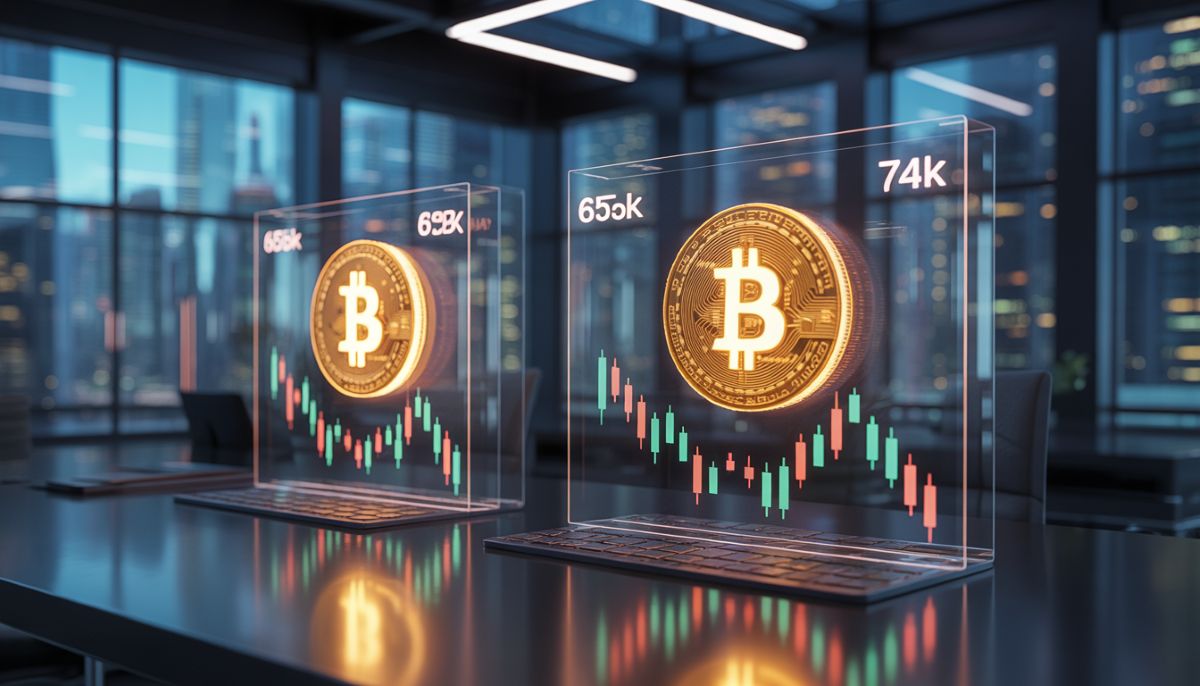 Gráfico de consolidación del Bitcoin entre $65,000 y $74,000.