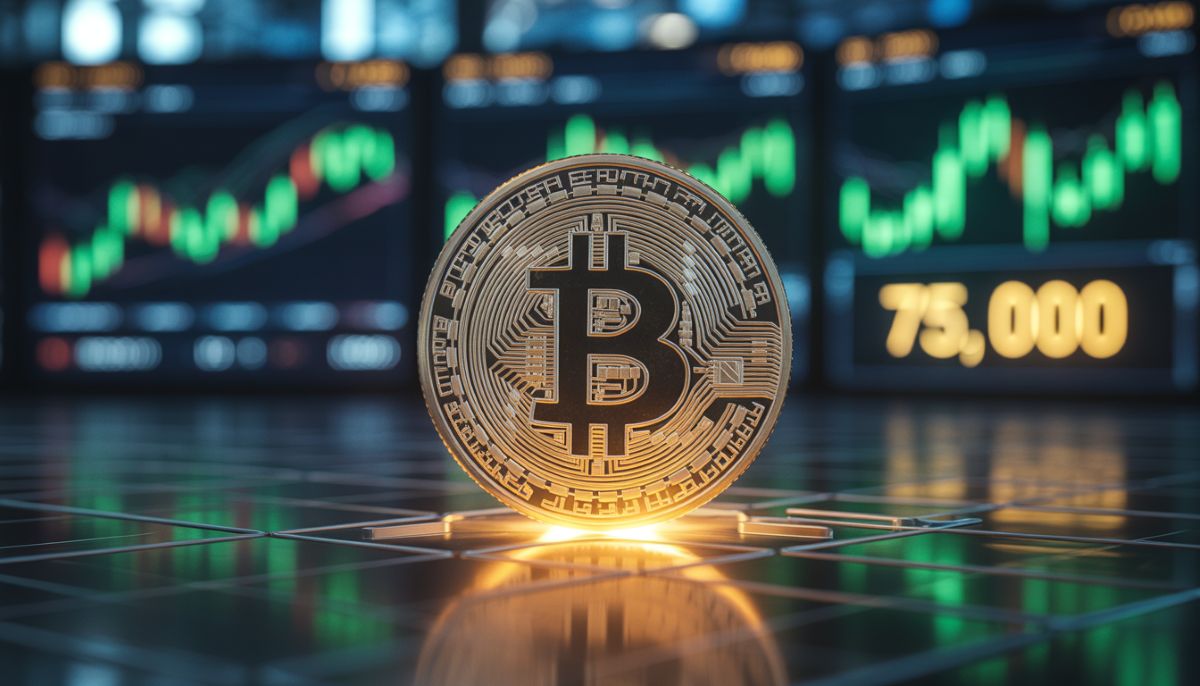 Precio de Bitcoin rozando los 75.000 dólares en mercado alcista.