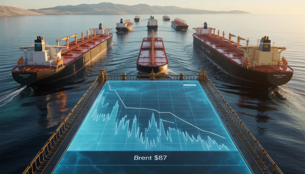 Precio del Brent bajando a 87 dólares y petroleros en el Estrecho de Ormuz 2026.