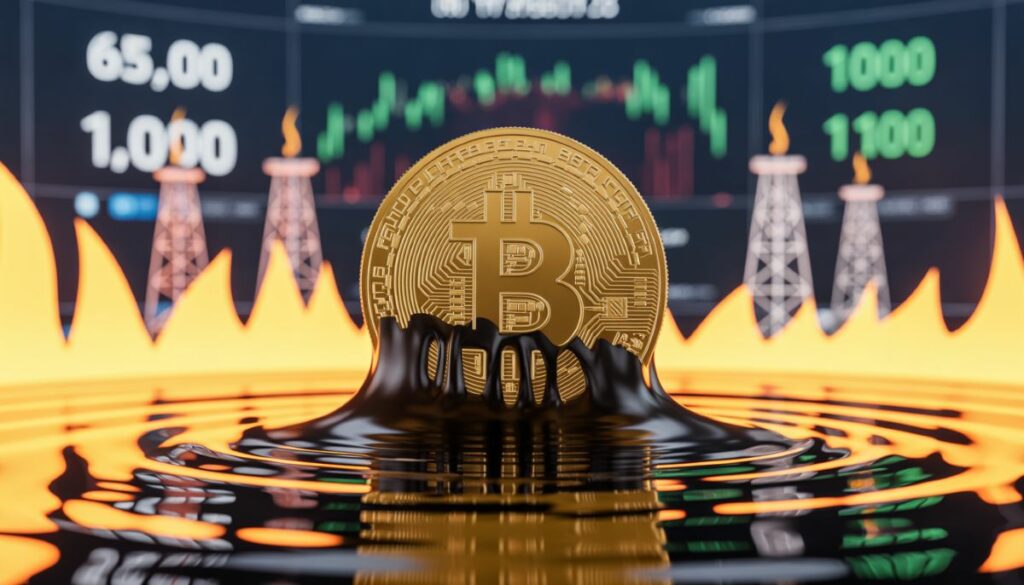 Gráfico de Bitcoin resistiendo soporte mientras el Petróleo supera los 100 dólares.
