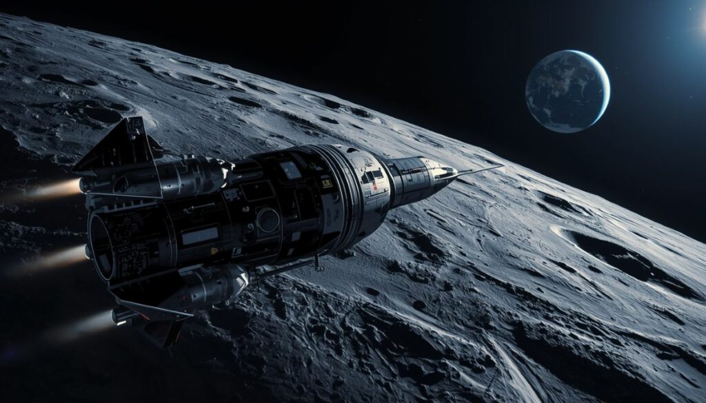 La nave Orion del programa Artemis NASA en órbita lunar durante una misión.