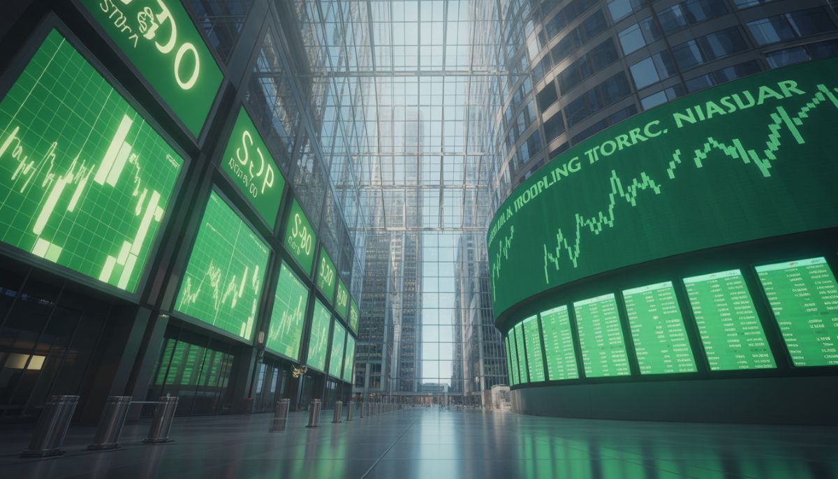 Gráficos alcistas del S&P 500 y el Nasdaq en pantallas financieras.