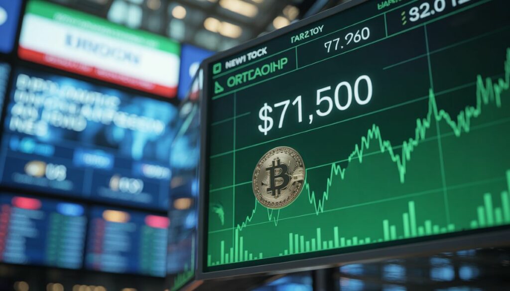 Gráfico de Bitcoin superando los 71.000 dólares tras la tregua de Trump.